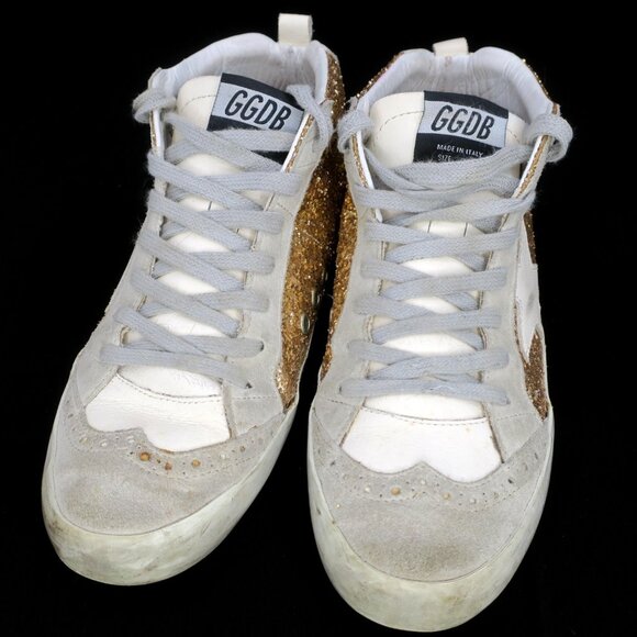 Golden Goose Mid Star Gold Glitter Midstar LE Sneakers Women 37 7M Made in Italy - Picture 2 of 15